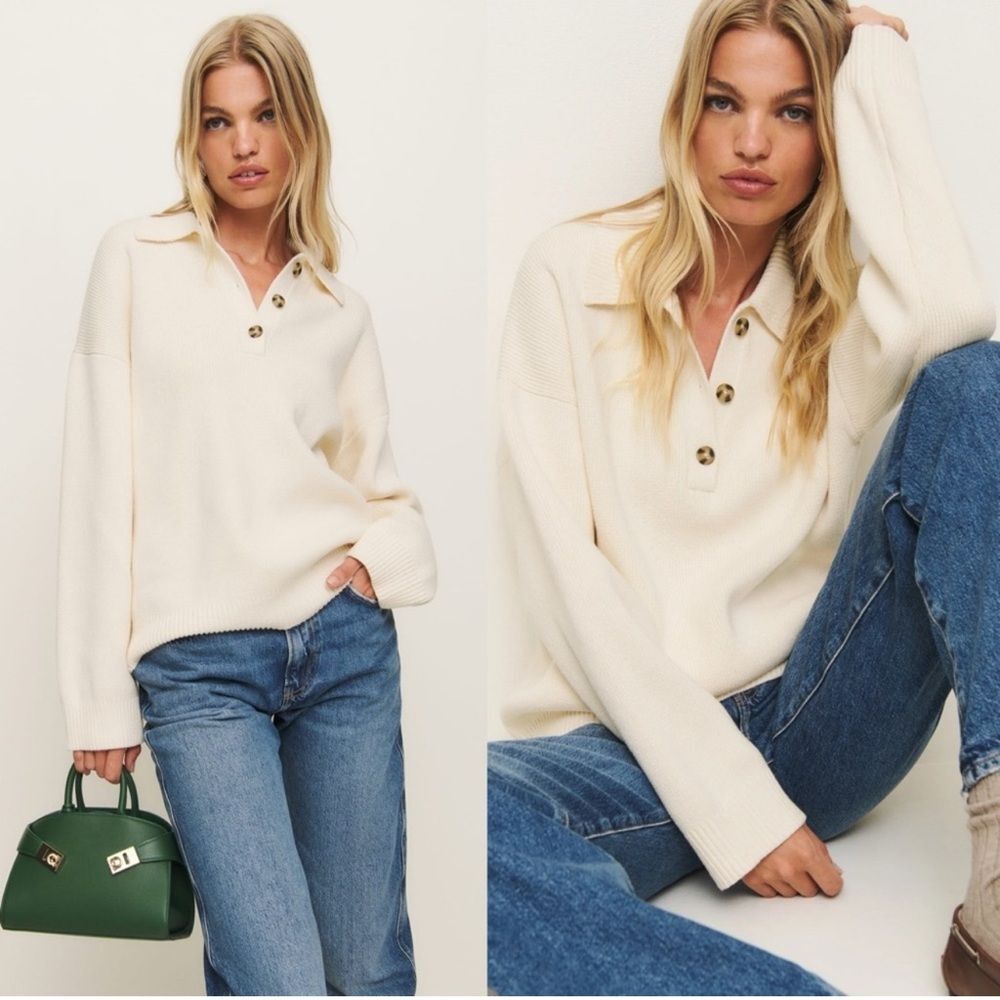 Reformation Cream Sweater with Button Detail